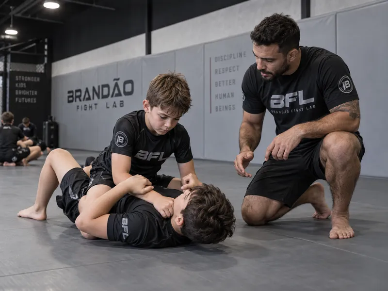 Children practicing grappling with coaching