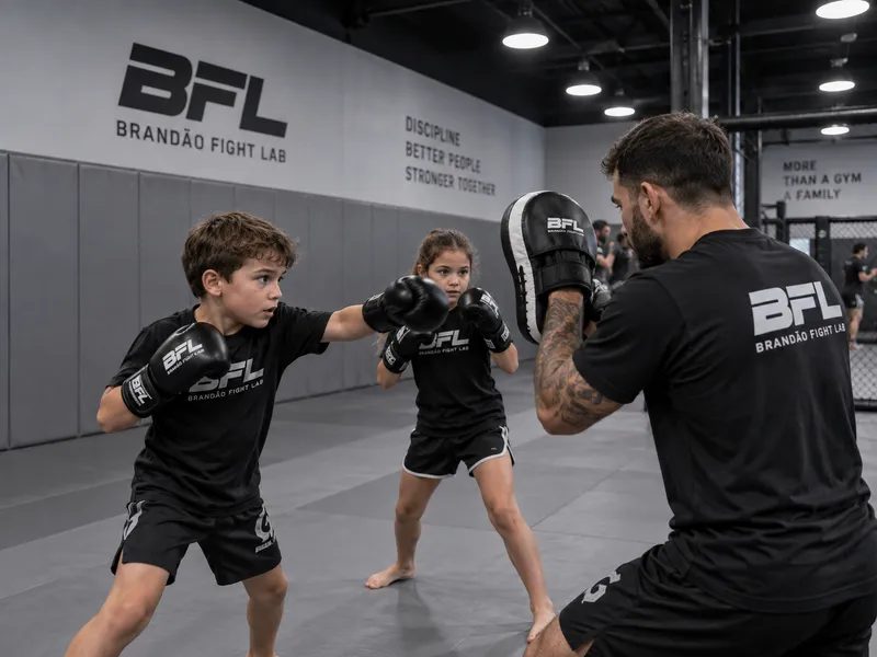 Children practicing pad work with a coach