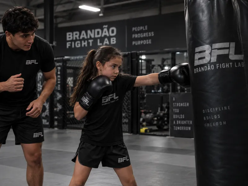Child practicing a punch with a coach
